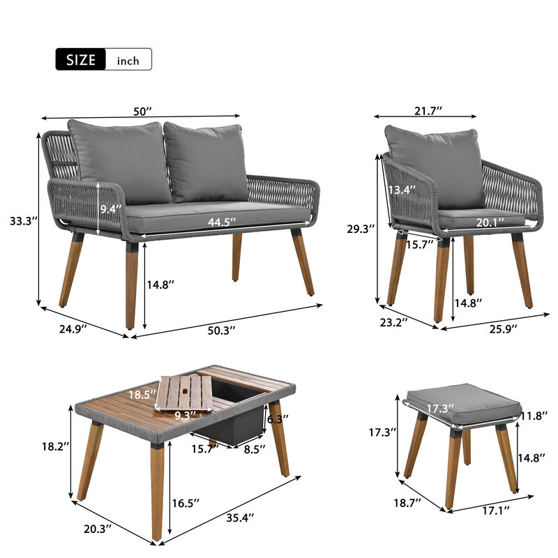 Unique Rope Woven Sofa Set with 2-in-1 Wood Cool Bar Table