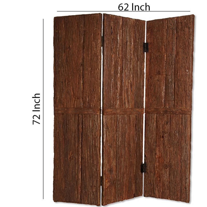 Wooden Foldable 3 Panel Room Divider with Plank Style, Small, Brown-Benzara