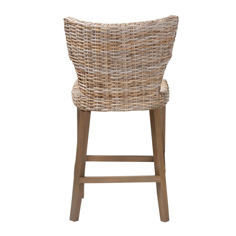 Bali & Pari Enver Modern Bohemian Grey Kubu Rattan And Mahogany Wood Counter Stool