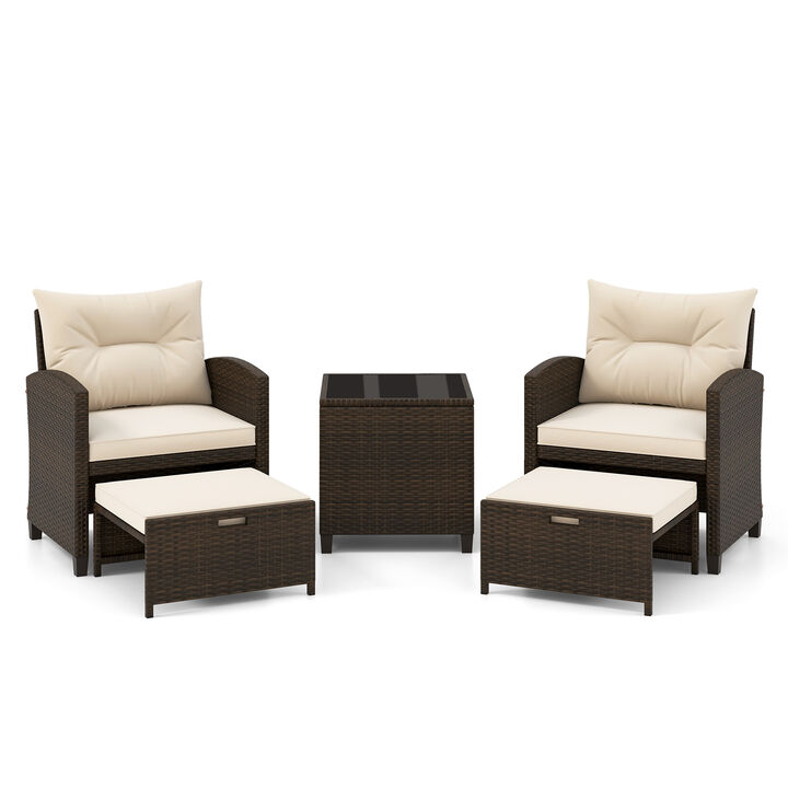 5 Pieces Patio Rattan Furniture with 2 Ottomans and Tempered Glass Coffee Table