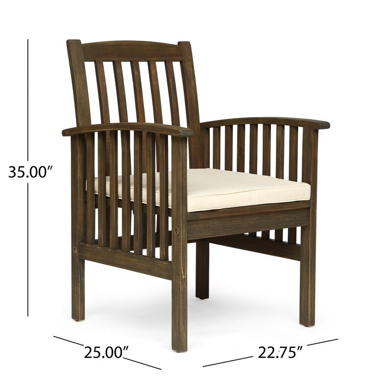 Gerry Dining Chair, Outdoor Traditional Slatted Gray Acacia Wood, Cream - Benzara