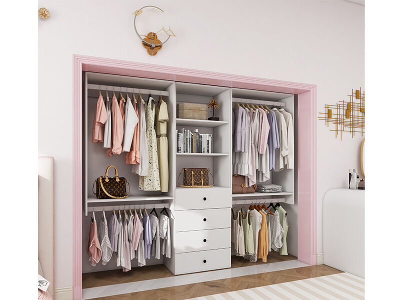 Tall Closet Organizer System, Closet System with 4 Drawers, 4  Clothing Racks， Walk in Closet Organizers and Storage with 3 Shelves Wall Mounted, White Wardrobe Closet for Bedroom