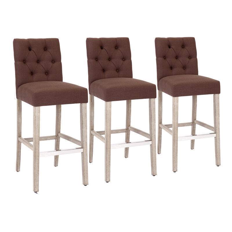 WestinTrends 29" Linen Fabric Tufted Upholstered Bar Stool (Set of 3), Antique Grey
