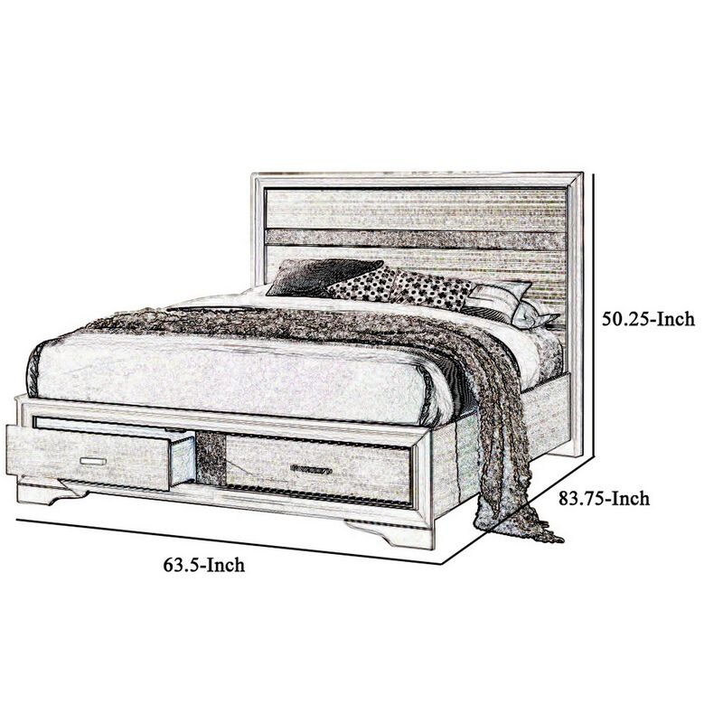Contemporary Queen Bed with Drawers and Glittering Stripes, White-Benzara