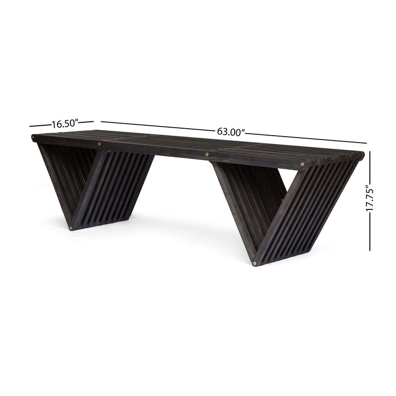 Riah Outdoor Bench, Angled Legs, Slatted 63 Inch Dark Gray Acacia Wood - Benzara