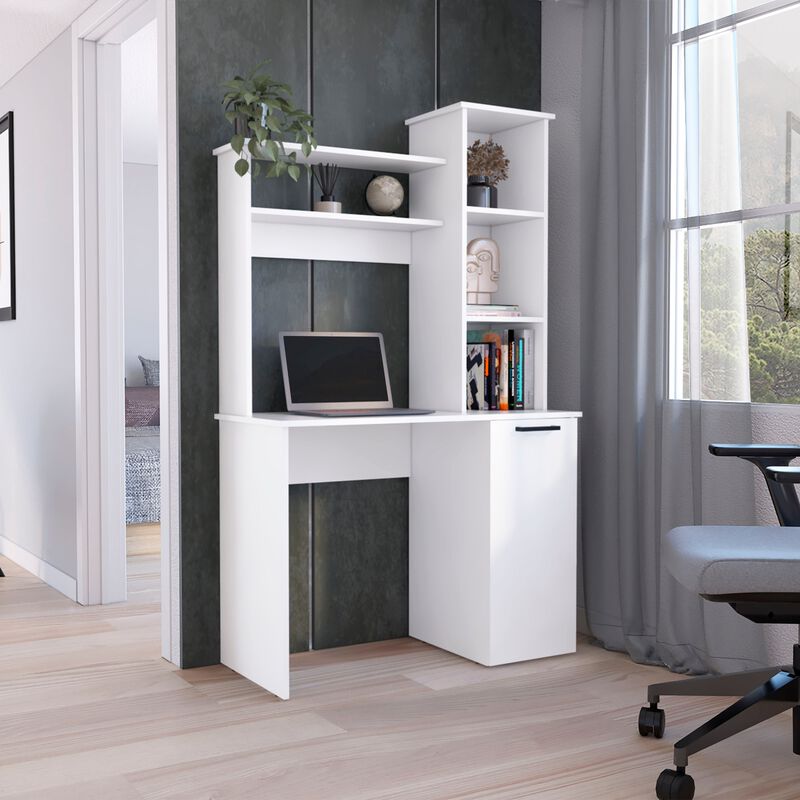 DEPOT E-SHOP Muncy Computer Desk with Ample Work Surface, Hutch Storage and Single Door Cabinet with 3-Tier Shelves, White
