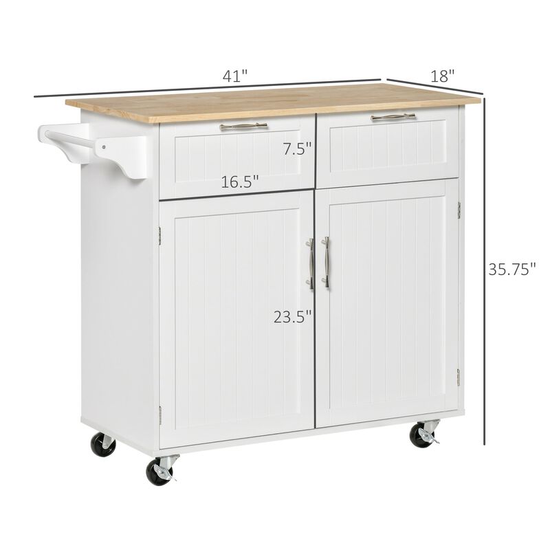 White Kitchen Island: 41" Rolling Cart with Rubberwood Top and Drawers