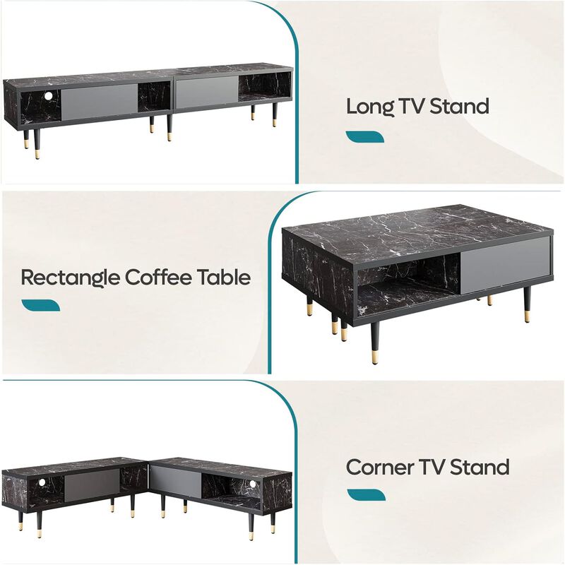 2 in 1 Long TV Cabinet for Living Room for 85 inch tv,Black Marble