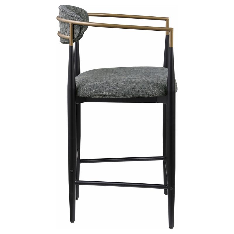 Tiara Counter Chair Set of 2, Gray Fabric, Gold, Black Metal 25 Inch - Benzara