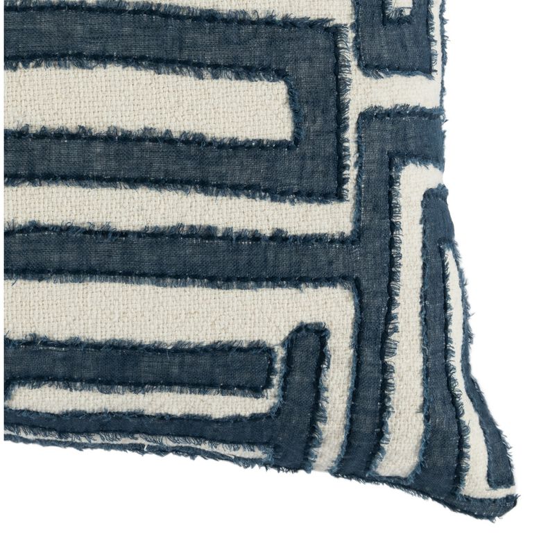 22 Inch Square Accent Throw Pillow, Hand Stitched Applique in Blue, Ivory-Benzara