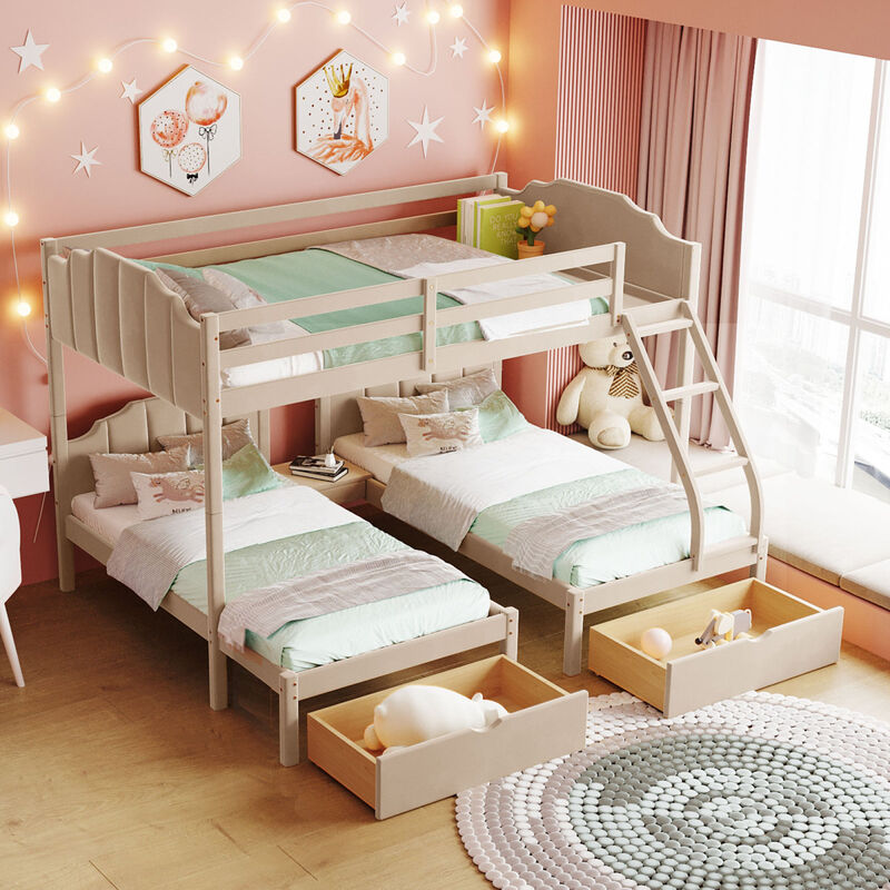 Full Over Twin & Twin Bunk Bed, Velvet Triple Bunk Bed With Drawers And Guardrails