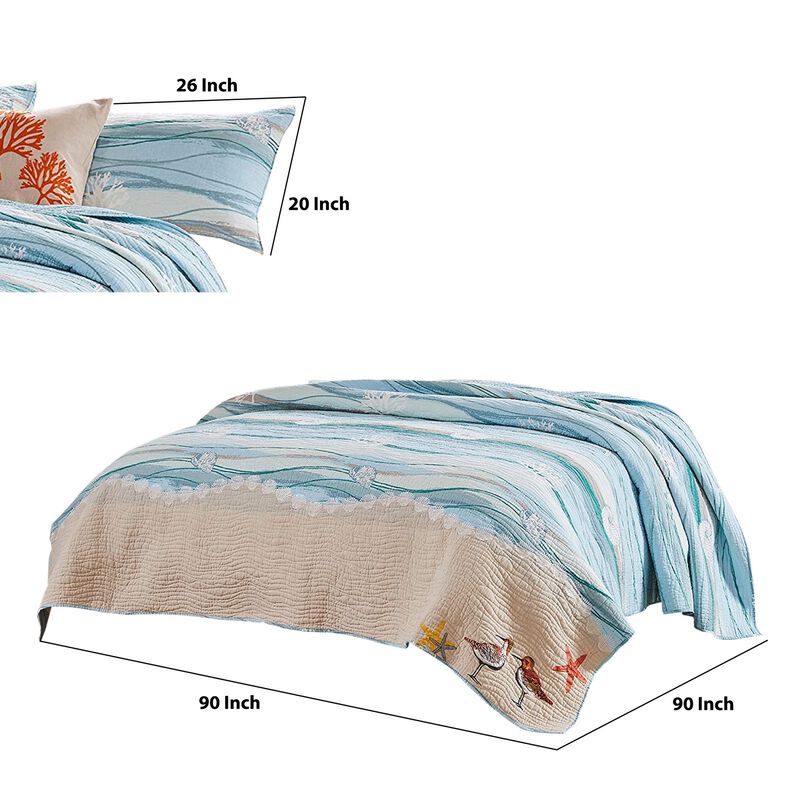 Maritsa Three Piece Queen Size Fabric Quilt Set with Coastal Prints, Blue - Benzara