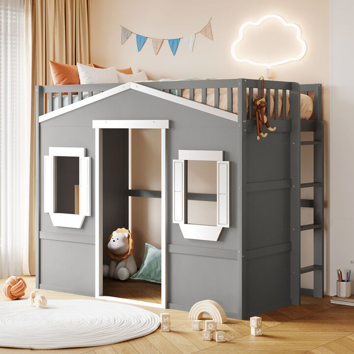 Twin Size House Loft Bed With Ladder And Frame
