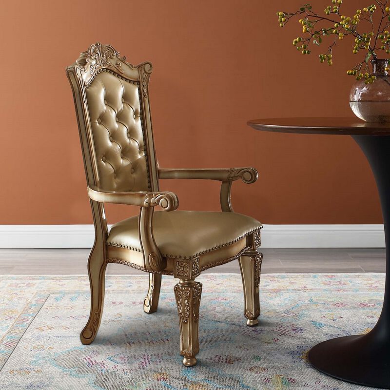 27 Inch Wood Dining Side Chair, Faux Leather, Set of 2, Gold-Benzara