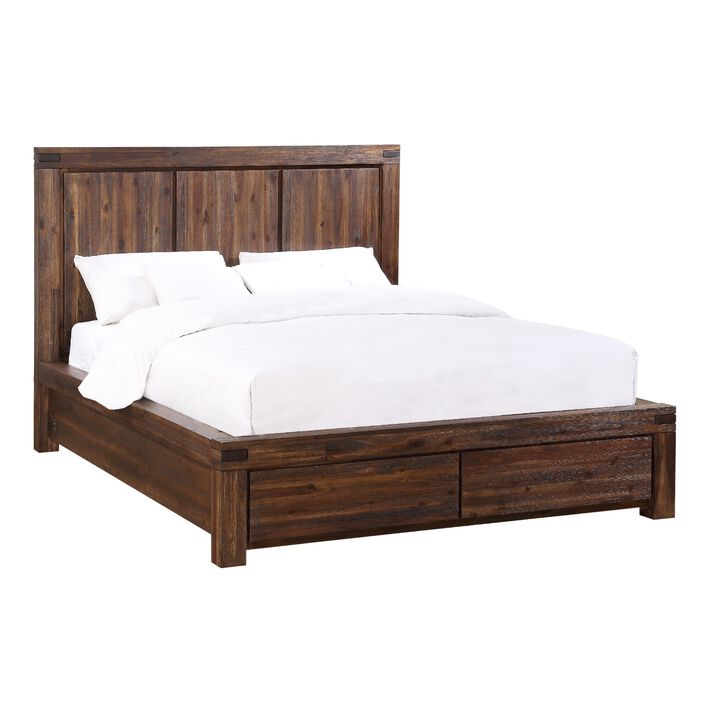 Pim Solid Wood Platform Queen Bed with 2 Drawers, Rustic Brown - Benzara