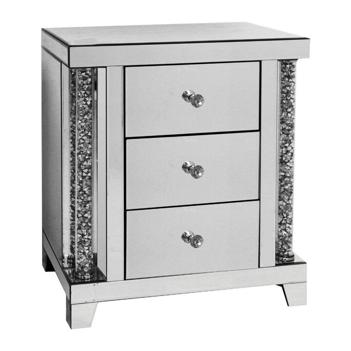 Noe 26 Inch 3 Drawer Accent Table Nightstand, Mirrored, Faux Diamond Inlay, Silver-Benzara