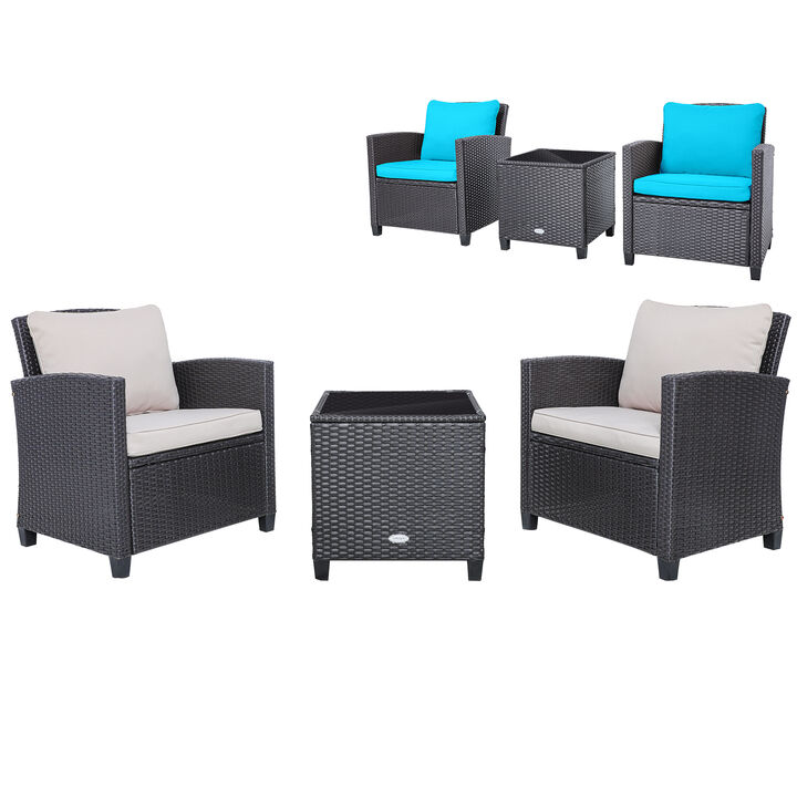 3 Pcs Patio Rattan Furniture Set Cushioned Conversation Set Coffee Table