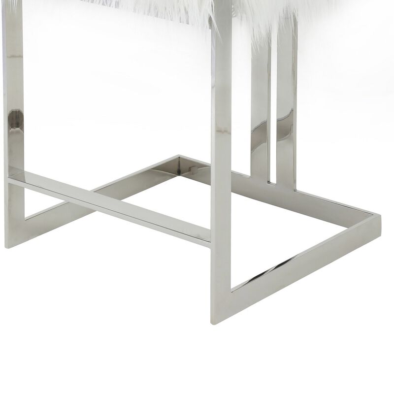Suki 26 Inch Counter Stool Chair, White Faux Fur, Silver Stainless Steel - Benzara