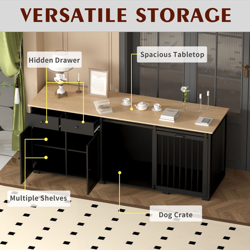Large Dog House Furniture Dog Crate Storage Cabinet, Dog Cage with 2-Drawers and Sliding Door for Large Dogs, Black