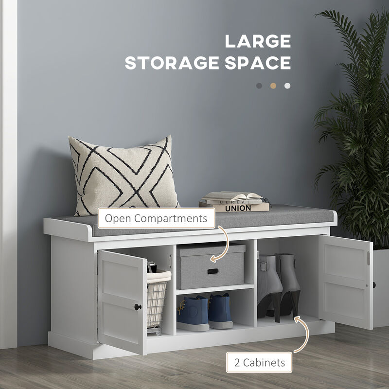 HOMCOM Storage Shoe Bench with Cushion, 2 Cabinets for Entryway, White