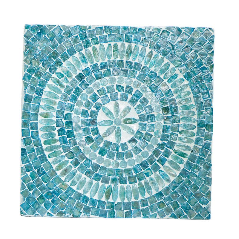 14 Inch Capiz Accent Table Stool, Blue Mosaic Geometric Hourglass Shape - Benzara