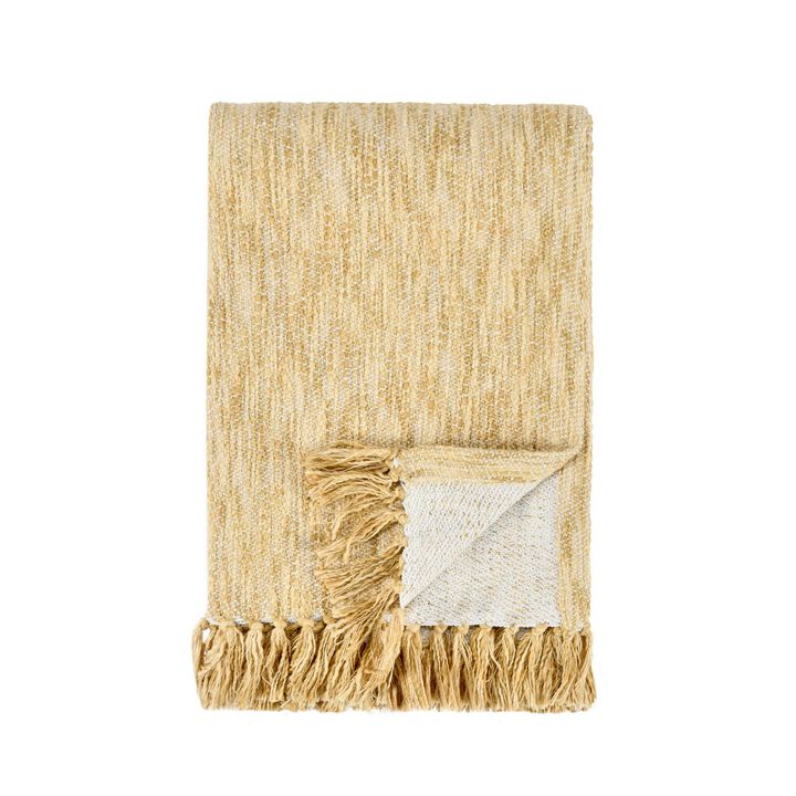 Avu Throw Blanket, 50x70 Yellow Cotton and Polyester, Knotted Tassels - Benzara