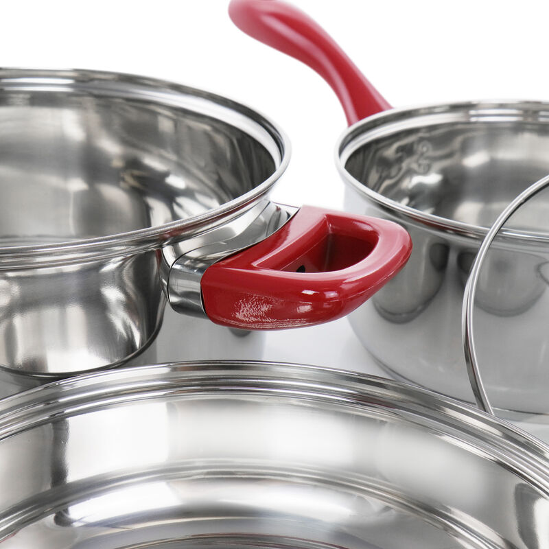 Gibson Home Crawson 7 Piece Stainless Steel Cookware Set in Chrome with Red Handles