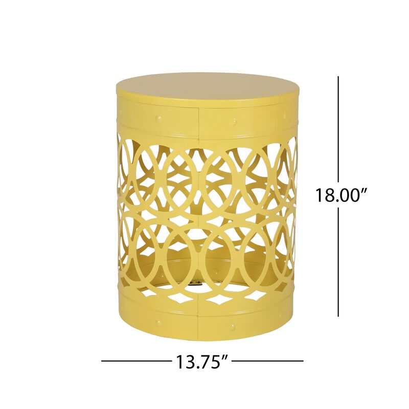 Kemo Outdoor End Table, Round 14 Inch, Cutout Design, Yellow Frame - Benzara