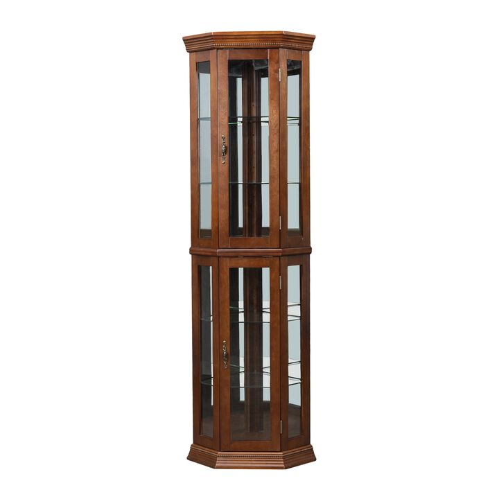 Walnut Corner Curio Cabinet with Lights & Adjustable Shelves