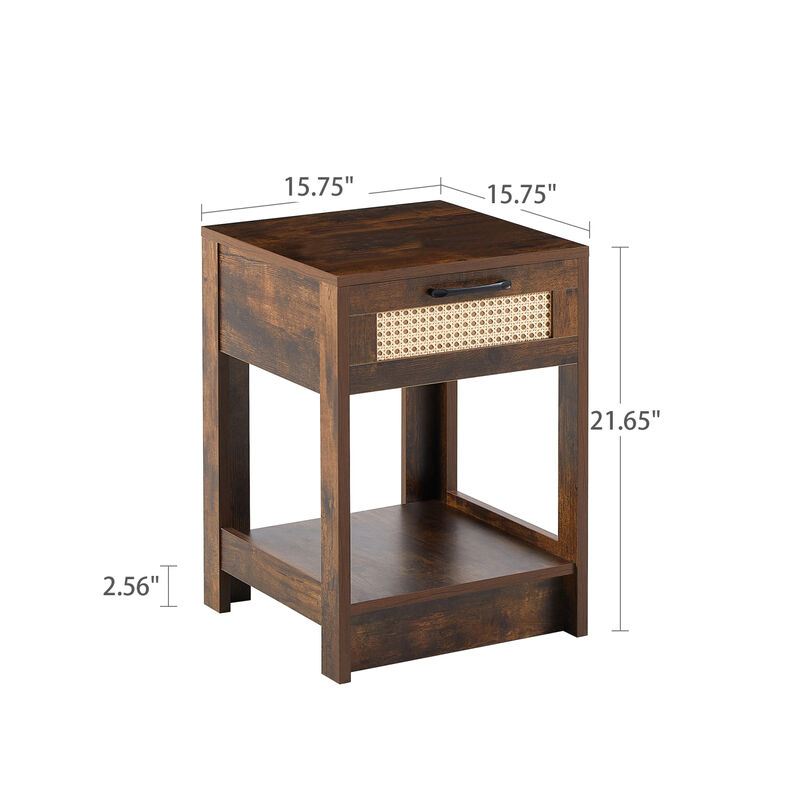 Rattan End Table with Drawer, Modern Nightstand, Side Table for Living Room, Bedroom, Rustic Brown