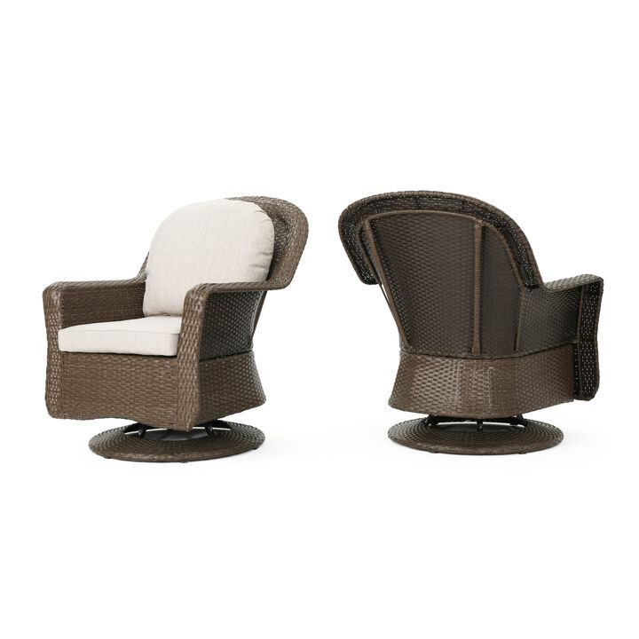 Kaia Outdoor Swivel Accent Chair Set of 2, Rattan Wicker Weave, Beige - Benzara