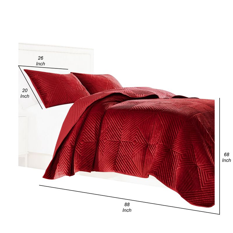Ahab 2 Piece Twin Quilt Set with 1 Pillow Sham, Dutch Velvet Face, Red - Benzara