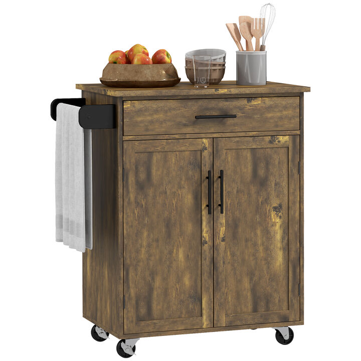 Wooden Indoor Moving Microwave Cart with Interior Cabinet & Towel Rack