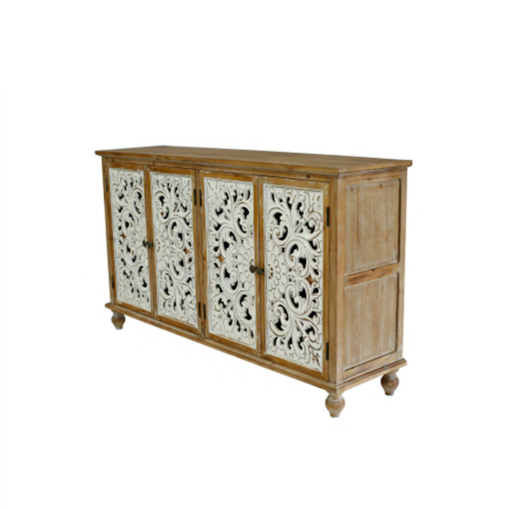 Accent Cabinet with 4 Doors, Farmhouse Sideboard Buffet Cabinet with Storage, Modern Credenza Storage Cabinet with Wood Carved Floral Doors for Living Room, Dining Room, Entryway, Hallway, Kitchen