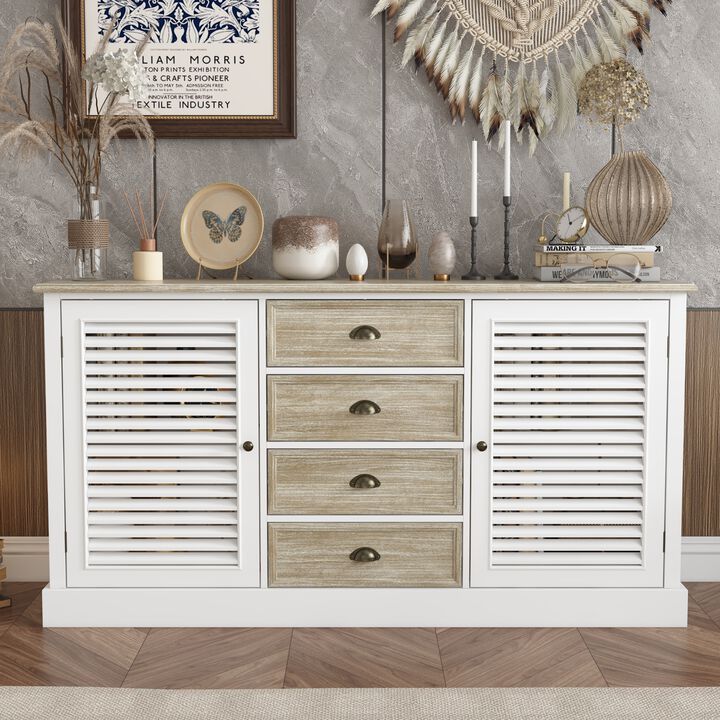 FUFU&GAGA Modern Sideboard Cabinet with Louvered Doors and Drawers,  (59"W x 15.7"D x 31.5"H),White and Brown