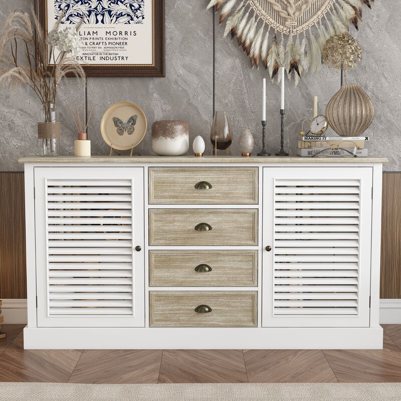 FUFU&GAGA Modern Sideboard Cabinet with Louvered Doors and Drawers,  (59"W x 15.7"D x 31.5"H),White and Brown