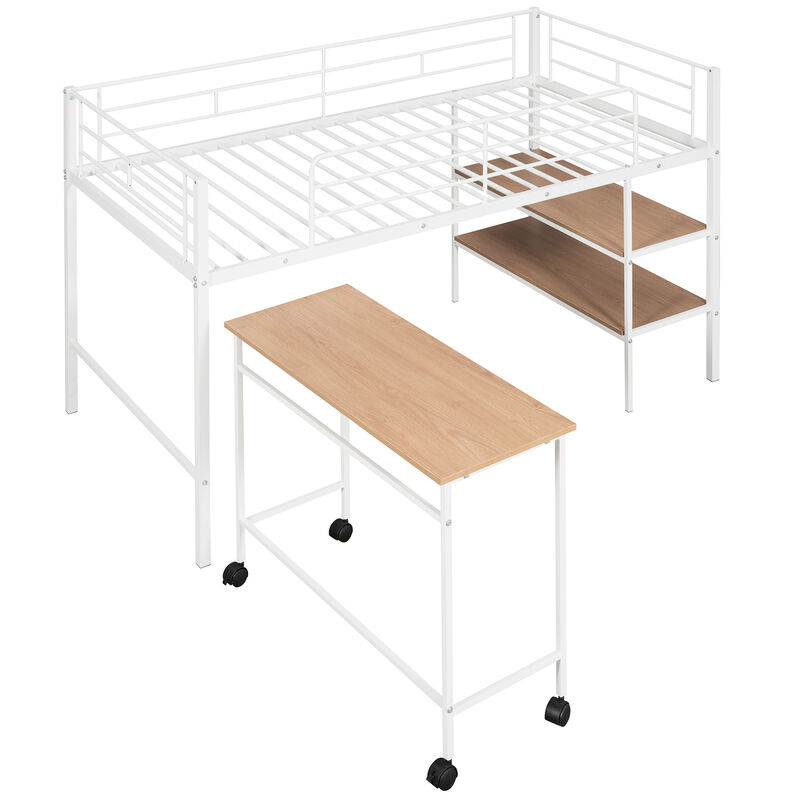 Merax Metal Loft Bed with Movable Desk and Shelves