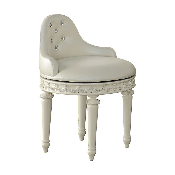 Dorie 21 Inch Swivel Chair Vanity Stool, Low Back, Ivory White Faux Leather - Benzara