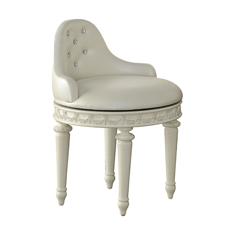 Dorie 21 Inch Swivel Chair Vanity Stool, Low Back, Ivory White Faux Leather - Benzara
