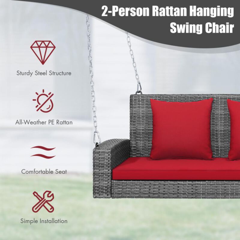 Hivvago 2-Person Patio PE Wicker Hanging Porch Swing Bench Chair Cushion 800 Pounds