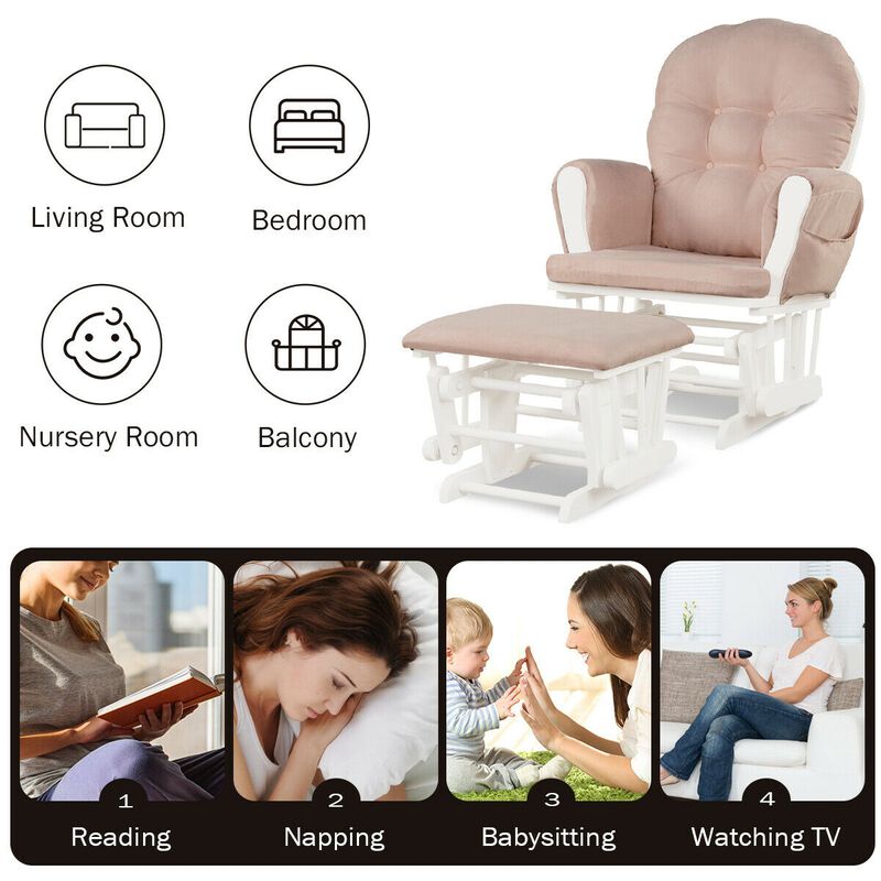 Wood Glider and Ottoman Set with Padded Armrests and Detachable Cushion