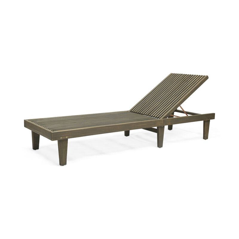 Pina Outdoor Chaise Lounger, 79 Inch, Dark Gray Slatted Acacia Wood - Benzara