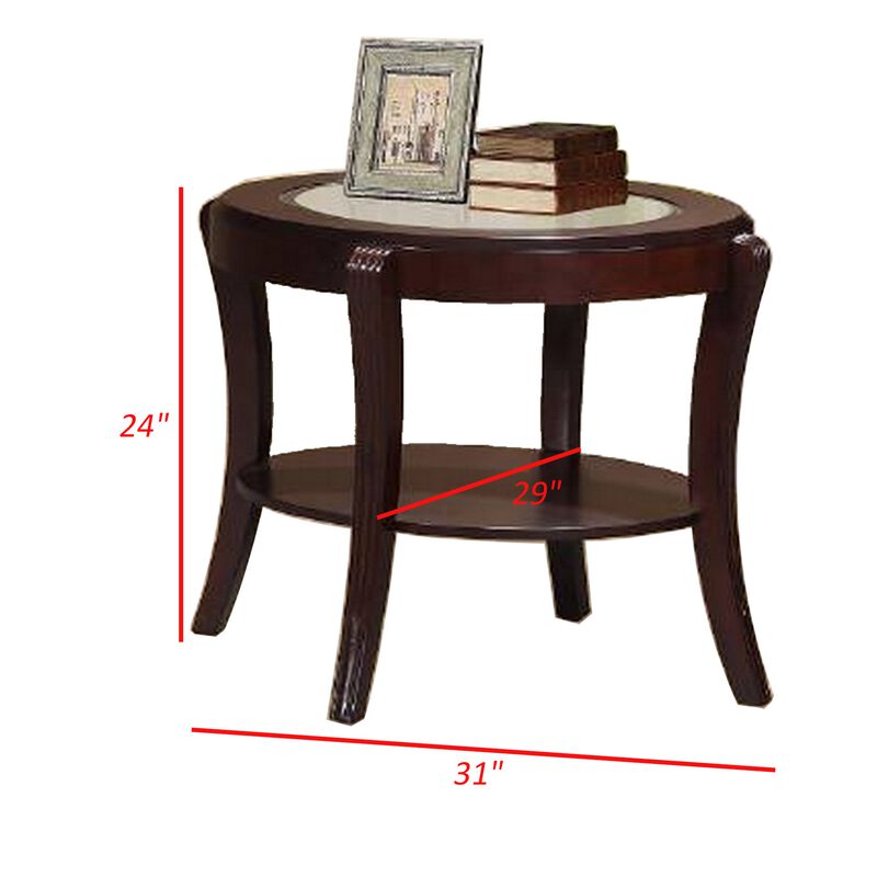 Lyn 31 Inch Side End Table with Oval Glass Top and Lower Shelf, Brown Wood - Benzara
