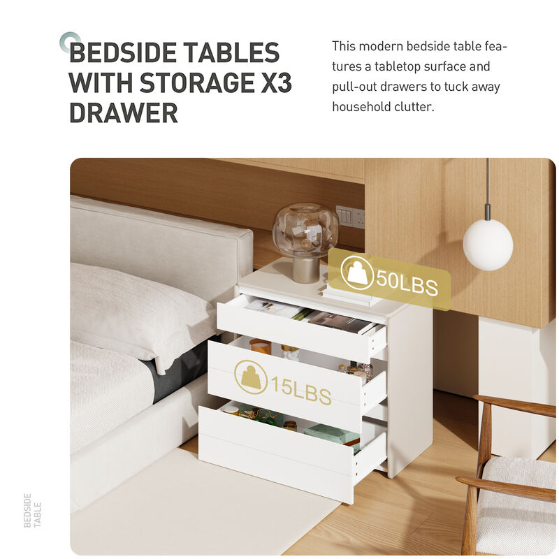 FUFU&GAGA Modern Nightstand with 3 Drawers, P2 MDF, Leather Drawers (31.5" W x 27.6" H x 15.7" D), White and Gray