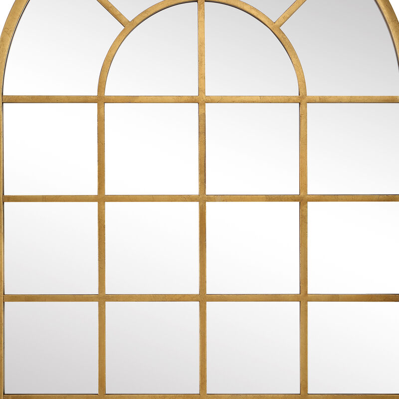 44 Inch Wood Wall Mirror, Arched Windowpane Shape, Antique Gold-Benzara
