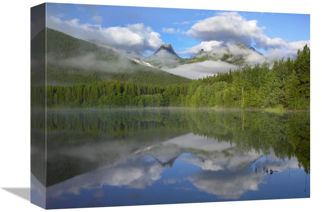 Fortress Mountain shrouded in clouds, reflected in lake, Kananaskis Country, Alberta, Canada-Canvas Art-16x12
