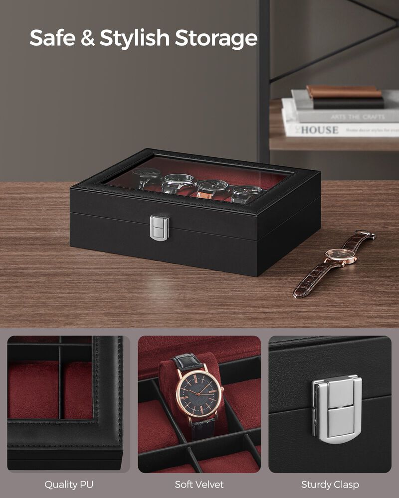 10-Slot Box with Glass Lid Jewelry Holder Case with Removable Pillow