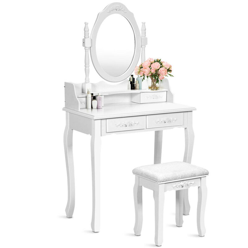 Wood Vanity Table Set with Oval Mirror and 4 Drawers for Kids Girls Women