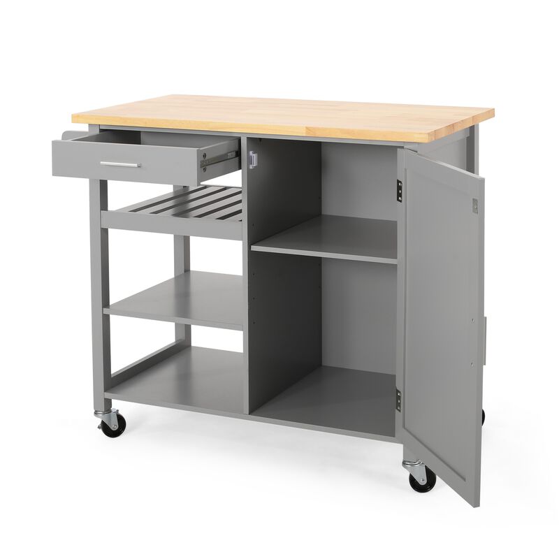 Alex Rolling Kitchen Bar Cart, 3 Shelves, 1 Cabinet, Brown Wood, Gray - Benzara