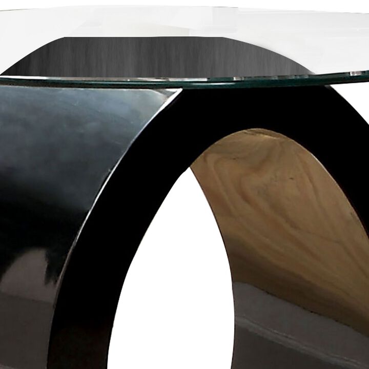 Contemporary Tempered Glass Top End Table with O Shape Base, Black-Benzara